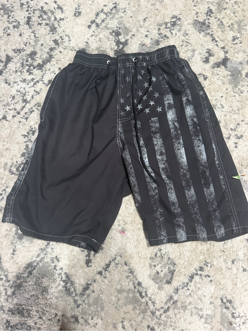Men's Black Athletic Swim Shorts with Flag Print